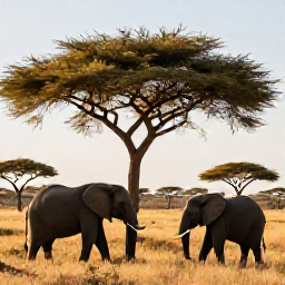 Caribbean Holidays, August Safaris, African savannah at sunrise in August, elephants and acacia trees beneath a clear golden sky