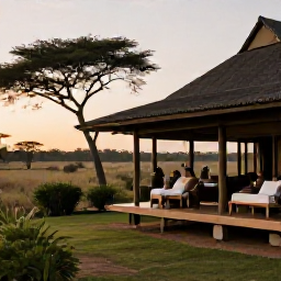 Caribbean Holidays, August Safaris, Comfortable safari lodge overlooking an African plain at sunset, with guests relaxing on a veranda