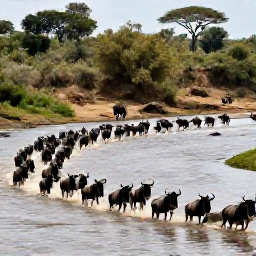 Caribbean Holidays, August Safaris, Large herd of wildebeest crossing a river in Kenya or Tanzania during the August migration season