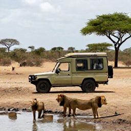 Caribbean Holidays, August Safaris, Open safari vehicle watching lions beside a waterhole in a dry African wildlife reserve