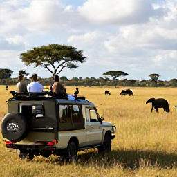 Caribbean Holidays, August Safaris, Travellers in an open safari vehicle watching wildlife across a sunlit African plain in August