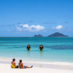 Caribbean Holidays, August Scuba Diving, A couple relaxing beside a calm beach after a morning scuba dive, with the Pitons visible in the distance