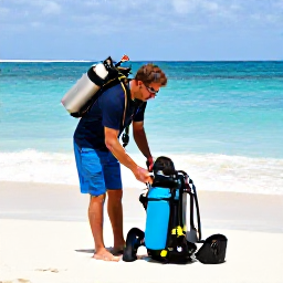 Caribbean Holidays, August Scuba Diving, A friendly Saint Lucia dive instructor helping a beginner prepare equipment on a sandy Caribbean beach