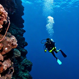 Caribbean Holidays, August Scuba Diving, A scuba diver descending beside a steep volcanic underwater wall near Soufriere, Saint Lucia