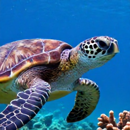 Caribbean Holidays, August Scuba Diving, Close-up underwater view of a sea turtle swimming above a Caribbean coral reef near Tobago