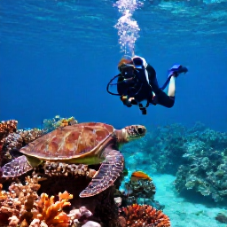 Caribbean Holidays, August Scuba Diving, Diver observing a sea turtle and reef fish over coral gardens in the clear waters of Providenciales