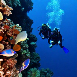 Caribbean Holidays, August Scuba Diving, Divers descending beside a reef wall near Speyside, Tobago, with tropical fish and blue water