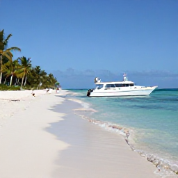 Caribbean Holidays, August Scuba Diving, Friendly dive boat returning to a sunny Caribbean beach in the Turks and Caicos Islands with palm trees and turquoise sea