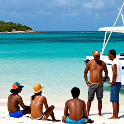 Caribbean Holidays, August Scuba Diving, Friendly dive guide briefing holidaymakers beside a boat in a sheltered Caribbean bay on Saint Kitts