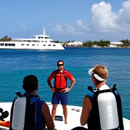 Caribbean Holidays, August Scuba Diving, Friendly dive instructor briefing holidaymakers beside a dive boat in a sunny Sint Maarten harbour