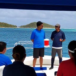 Caribbean Holidays, August Scuba Diving, Friendly scuba instructor briefing holidaymakers on a boat before a dive in the United States Virgin Islands