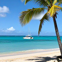 Caribbean Holidays, August Scuba Diving, Relaxed Caribbean beach on Saint Kitts with dive boat offshore, palm trees and bright August sunshine