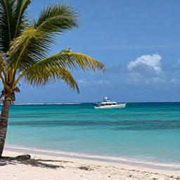 Caribbean Holidays, August Scuba Diving, Relaxed Caribbean beach on Saint Martin with palm trees, calm turquoise water and a small dive boat offshore