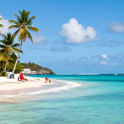 Caribbean Holidays, August Scuba Diving, Relaxed Saint Barth&eacute;lemy beach after a morning dive, with palm trees, calm turquoise sea and a few visitors enjoying the shoreline