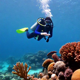 Caribbean Holidays, August Scuba Diving, Scuba diver exploring a colourful coral reef in clear Caribbean water off Tobago