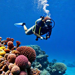 Caribbean Holidays, August Scuba Diving, Scuba diver exploring a colourful coral reef in clear tropical water off Saint Kitts, Caribbean