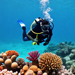Caribbean Holidays, August Scuba Diving, Scuba diver exploring a colourful coral reef in clear turquoise water around the Turks and Caicos Islands