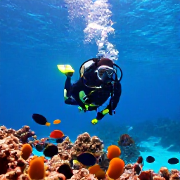 Caribbean Holidays, August Scuba Diving, Scuba diver swimming above a healthy reef near Saint Barth&eacute;lemy, surrounded by tropical fish in bright blue water