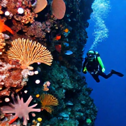 Caribbean Holidays, August Scuba Diving, Scuba diver swimming beside a dramatic underwater wall with sea fans and tropical fish near Grand Turk