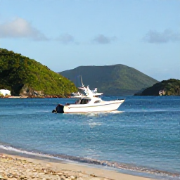Caribbean Holidays, August Scuba Diving, Small dive boat leaving a sandy Saint Barth&eacute;lemy harbour on a sunny August morning, with green hills and calm Caribbean water