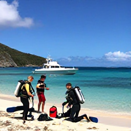 Caribbean Holidays, August Scuba Diving, Small group of scuba divers preparing equipment beside a dive boat in a sheltered Caribbean bay in the United States Virgin Islands