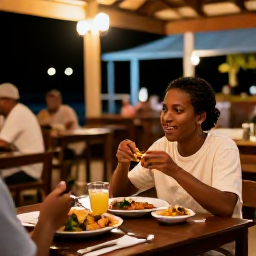 Caribbean Holidays, August Solo Holidays, A friendly solo traveller dining at an open-air Caribbean restaurant in the evening, with local dishes, warm lights and a relaxed island atmosphere