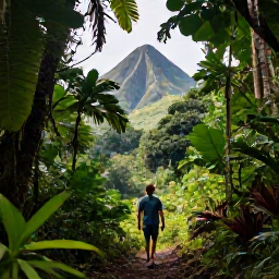 Caribbean Holidays, August Solo Holidays, A lone traveller exploring a lush rainforest trail on Saint Vincent, with tropical foliage, volcanic hills and filtered sunlight