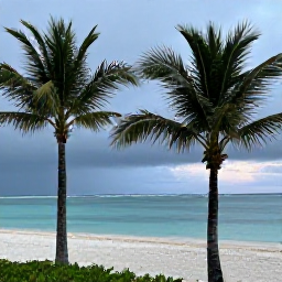 Caribbean Holidays, August Solo Holidays, A peaceful tropical beach in the Turks and Caicos Islands after a brief August shower, with palm trees, turquoise water and soft evening light