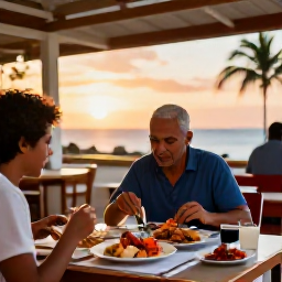 Caribbean Holidays, August Solo Holidays, A solo diner enjoying fresh Caribbean seafood at an outdoor restaurant in Providenciales at sunset, with a relaxed island atmosphere