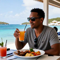 Caribbean Holidays, August Solo Holidays, A solo traveller enjoying Caribbean seafood and a cool drink at a relaxed waterfront restaurant in the British Virgin Islands