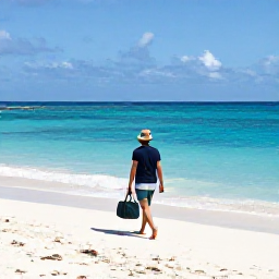 Caribbean Holidays, August Solo Holidays, A solo visitor walking along Grace Bay Beach with a small day bag, bright turquoise sea and soft white sand in the background