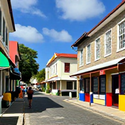 Caribbean Holidays, August Solo Holidays, Colourful Basseterre street scene with historic stone buildings, local shops and a solo traveller exploring