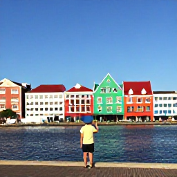 Caribbean Holidays, August Solo Holidays, Colourful Handelskade waterfront in Willemstad, Cura&ccedil;ao, with historic buildings, blue sky and a solo visitor exploring