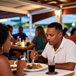 Caribbean Holidays, August Solo Holidays, Friendly evening dining scene in Pietermaai, Cura&ccedil;ao, with a solo traveller enjoying local food at an outdoor restaurant