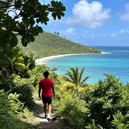 Caribbean Holidays, August Solo Holidays, Green tropical coastline and turquoise sea in Virgin Islands National Park on St John, with a lone hiker on a forest trail
