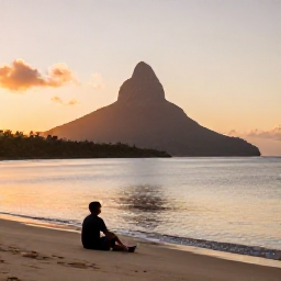 Caribbean Holidays, August Solo Holidays, Peaceful Nevis beach at sunset with a solo traveller sitting near the shoreline and Nevis Peak in the background