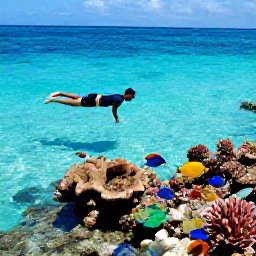 Caribbean Holidays, August Solo Holidays, Solo snorkeller in clear shallow water at a Cura&ccedil;ao beach, colourful tropical fish, coral and sunlit turquoise sea