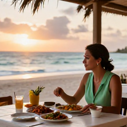 Caribbean Holidays, August Solo Holidays, Solo traveller dining at a relaxed beachfront restaurant in the Caribbean at sunset, local food and soft evening light