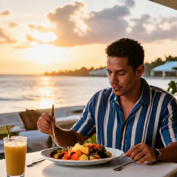 Caribbean Holidays, August Solo Holidays, Solo traveller enjoying a colourful Caribbean meal at an outdoor restaurant in Christiansted, St Croix, at sunset