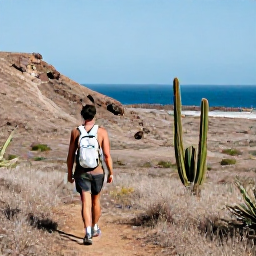 Caribbean Holidays, August Solo Holidays, Solo traveller hiking through Cura&ccedil;ao&rsquo;s dry coastal landscape near Christoffel National Park, cacti, rocky hills and ocean views