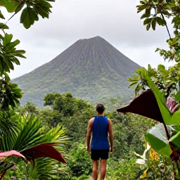 Caribbean Holidays, August Solo Holidays, Solo traveller hiking through lush rainforest on Mount Liamuiga, Saint Kitts, with volcanic peaks and tropical foliage
