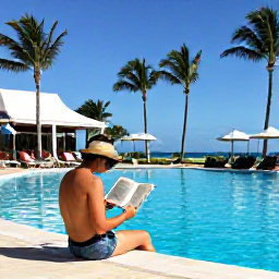 Caribbean Holidays, August Solo Holidays, Solo traveller reading beside a hotel pool in Punta Cana, Dominican Republic, with palm trees and a relaxed August holiday atmosphere