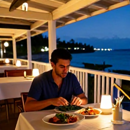 Caribbean Holidays, August Solo Holidays, Solo traveller relaxing at an outdoor Caribbean restaurant in the evening with local dishes and gentle lights
