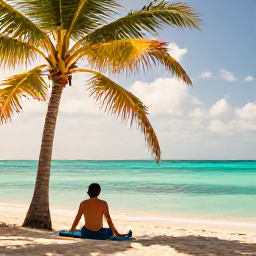 Caribbean Holidays, August Solo Holidays, Solo traveller relaxing on a quiet Caribbean beach in August, turquoise sea, palm trees and warm sunlight