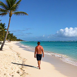 Caribbean Holidays, August Solo Holidays, Solo traveller relaxing on a quiet sandy beach in Punta Cana, Dominican Republic, with turquoise water and palm trees in August sunshine