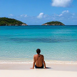 Caribbean Holidays, August Solo Holidays, Solo traveller relaxing on a quiet sandy beach in St Thomas, United States Virgin Islands, with turquoise water and gentle August sunshine
