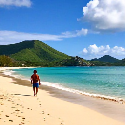 Caribbean Holidays, August Solo Holidays, Solo traveller walking along a quiet golden beach on Saint Kitts with green hills and calm Caribbean water