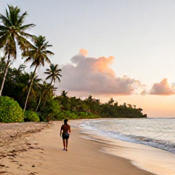 Caribbean Holidays, August Solo Holidays, Solo traveller walking along a quiet tropical beach in Trinidad and Tobago at sunrise