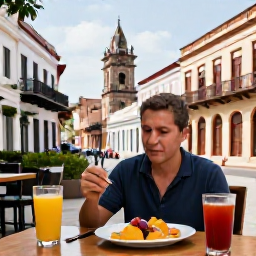 Caribbean Holidays, August Solo Holidays, Solo visitor enjoying a colourful Dominican breakfast at an outdoor caf&eacute; in Santo Domingo, surrounded by colonial architecture