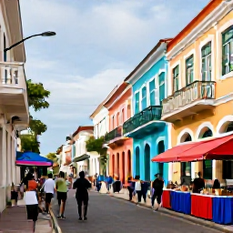 Caribbean Holidays, August Solo Holidays, Vibrant Port of Spain street scene with colourful buildings, local food stalls and visitors exploring